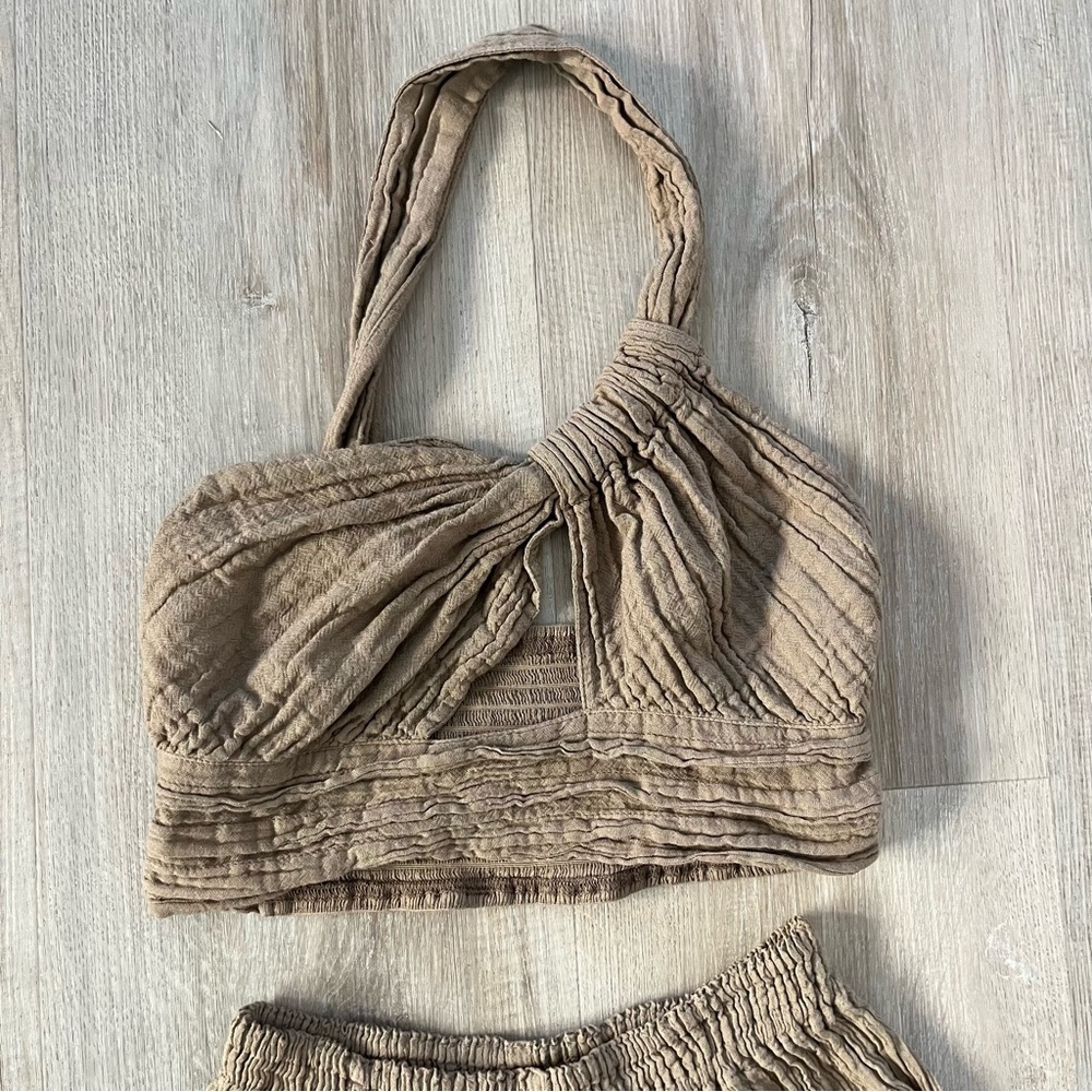 D'Artemide Greece 100% Cotton Boho Two Piece Pant Set Light Brown - Picture 3 of 6